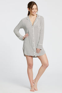 Augustine Shirt Dress- Off-White/Chocolate Stripe